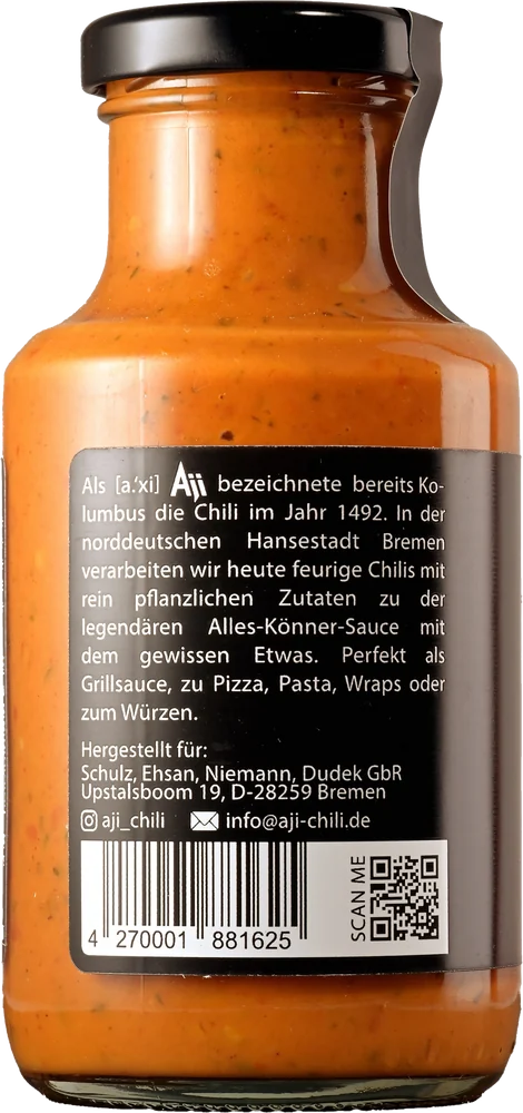 Chili Sauce - Feurig (Fiery), Rückseite mit Zutaten und Nährwerten